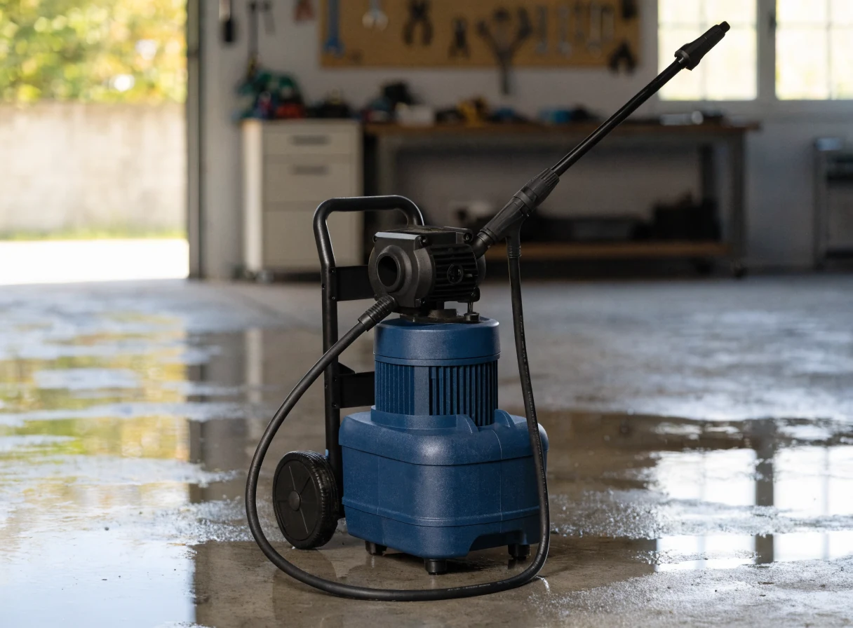 Idropulitrice compatta con tubo e lancia in ambiente da officina