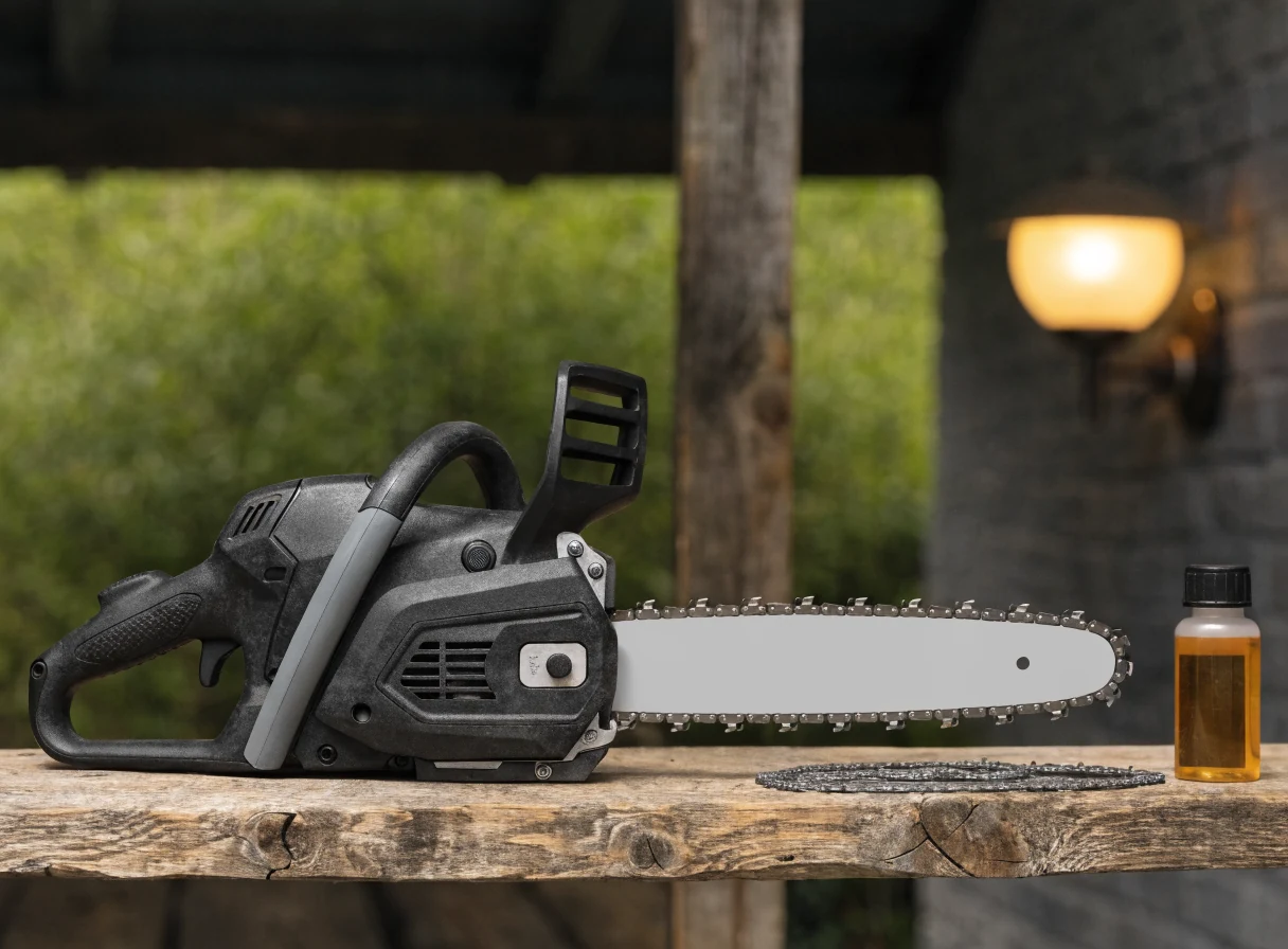 Motosega a batteria con catena e barra su banco