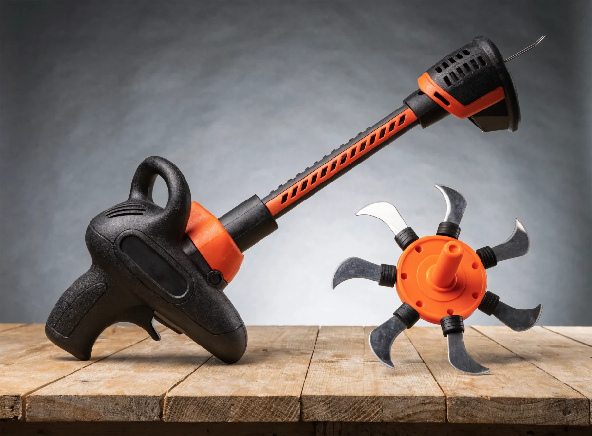 Tagliabordi a batteria con lame di ricambio su banco legno